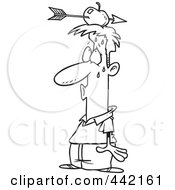 Royalty Free RF Clip Art Illustration Of A Cartoon Black And White Outline Design Of A Relieved Man With An Arrow Through An Apple On His Head by toonaday