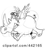 Royalty Free RF Clip Art Illustration Of A Cartoon Black And White Outline Design Of A Flying Rhino