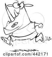 Royalty Free RF Clip Art Illustration Of A Cartoon Black And White Outline Design Of A Jogging Rhino