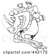 Royalty Free RF Clip Art Illustration Of A Cartoon Black And White Outline Design Of A Snowboarding Rhino