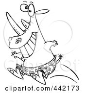 Poster, Art Print Of Cartoon Black And White Outline Design Of A Rhino Jumping Into A Pool