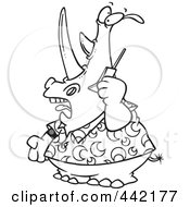 Royalty Free RF Clip Art Illustration Of A Cartoon Black And White Outline Design Of A Rhino Using A Cell Phone