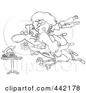 Royalty Free RF Clip Art Illustration Of A Cartoon Black And White Outline Design Of A Family Diving For A Ringing Phone
