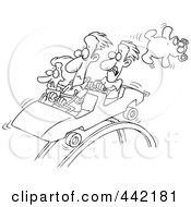 Poster, Art Print Of Cartoon Black And White Outline Design Of Scared People On A Roller Coaster