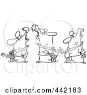 Royalty Free RF Clip Art Illustration Of A Cartoon Black And White Outline Design Of Men Playing Rocket Paper Scissors