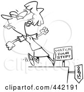 Cartoon Black And White Outline Design Of A Woman Sticking Her Tongue Out And Approaching A Cliff