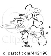 Cartoon Black And White Outline Design Of A Woman Catching A Whiff Of Ripe Garbage