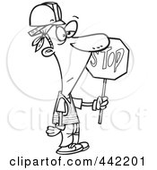 Royalty Free RF Clip Art Illustration Of A Cartoon Black And White Outline Design Of A Construction Guy Holding A Stop Sign by toonaday