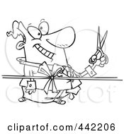 Cartoon Black And White Outline Design Of A Businessman Cutting A Ribbon