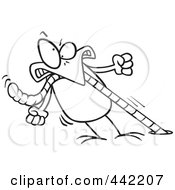 Royalty Free RF Clip Art Illustration Of A Cartoon Black And White Outline Design Of A Robin Pulling On A Strong Worm by toonaday