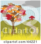 Poster, Art Print Of Autumn Tree Near A Home On A Rainy Day