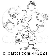 Poster, Art Print Of Cartoon Black And White Outline Design Of A Christmas Woman Juggling Five Golden Rings