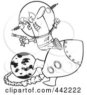 Poster, Art Print Of Cartoon Black And White Outline Design Of A Space Man Riding A Rocket