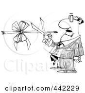 Cartoon Black And White Outline Design Of A Businessman Performing A Ribbon Cutting Ceremony