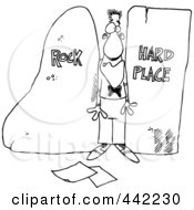 Royalty Free RF Clip Art Illustration Of A Cartoon Black And White Outline Design Of A Man Stuck Between A Rock And A Hard Place