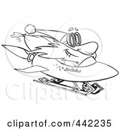 Royalty Free RF Clip Art Illustration Of A Cartoon Black And White Outline Design Of Santa On A Rocket Sled