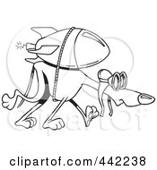 Royalty Free RF Clip Art Illustration Of A Cartoon Black And White Outline Design Of A Rocket Strapped To A Greyhound by toonaday