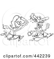 Royalty Free RF Clip Art Illustration Of A Cartoon Black And White Outline Design Of A Woman Chasing Her Husband With A Rolling Pin