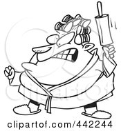 Royalty Free RF Clip Art Illustration Of A Cartoon Black And White Outline Design Of A Mad Woman Waving A Rolling Pin