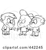 Royalty Free RF Clip Art Illustration Of A Cartoon Black And White Outline Design Of A Group Of Boys Playing Rock Paper Scissors