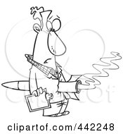 Royalty Free RF Clip Art Illustration Of A Cartoon Black And White Outline Design Of A Rocket Through A Mans Stomach