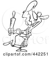 Poster, Art Print Of Cartoon Black And White Outline Design Of A Mad Woman Carrying A Rolling Pin