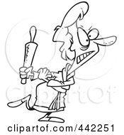 Royalty Free RF Clip Art Illustration Of A Cartoon Black And White Outline Design Of A Mad Woman Carrying A Rolling Pin