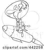 Royalty Free RF Clip Art Illustration Of A Cartoon Black And White Outline Design Of A Man Riding A Rocket
