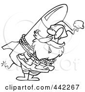 Royalty Free RF Clip Art Illustration Of A Cartoon Black And White Outline Design Of Santa Strapped To A Rocket