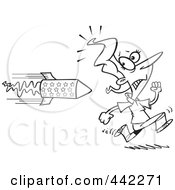 Royalty Free RF Clip Art Illustration Of A Cartoon Black And White Outline Design Of A Woman Running From A Rocket