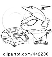 Royalty Free RF Clip Art Illustration Of A Cartoon Black And White Outline Design Of A Boy Trying To Use A Rotary Phone