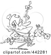 Royalty Free RF Clip Art Illustration Of A Cartoon Black And White Outline Design Of A Cowboy Shooting A Gun And Riding A Stick Pony