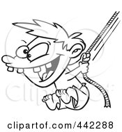 Poster, Art Print Of Cartoon Black And White Outline Design Of A Boy On A Rope Swing