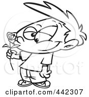 Royalty Free RF Clip Art Illustration Of A Cartoon Black And White Outline Design Of A Boy Holding A Red Rose