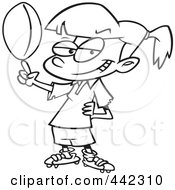 Poster, Art Print Of Cartoon Black And White Outline Design Of A Girl Spinning A Rugby Ball