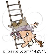 Cartoon Businessman Upside Down On A Ladder Rung