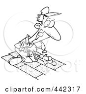 Cartoon Black And White Outline Design Of A Roofer Nailing Shingles