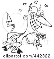 Poster, Art Print Of Cartoon Black And White Outline Design Of A Romantic Devil With Candy