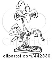 Cartoon Black And White Outline Design Of A Rooster Measuring And Weighing Himself