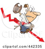 Poster, Art Print Of Cartoon Businessman Riding A Downwards Arrow Like A Cowboy