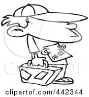 Poster, Art Print Of Cartoon Black And White Outline Design Of A Runaway Boy With Luggage