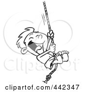 Poster, Art Print Of Cartoon Black And White Outline Design Of A Summer Boy On A Rope Swing