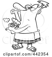 Cartoon Black And White Outline Design Of A Man Spraying On Deodorant