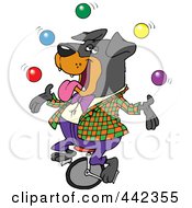 Cartoon Juggling Rottweiler On A Unicycle