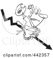 Cartoon Black And White Outline Design Of A Businessman Riding A Downwards Arrow Like A Cowboy