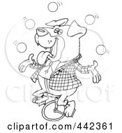 Royalty Free RF Clip Art Illustration Of A Cartoon Black And White Outline Design Of A Juggling Rottweiler On A Unicycle