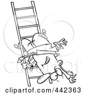 Poster, Art Print Of Cartoon Black And White Outline Design Of A Businessman Upside Down On A Ladder Rung