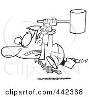 Poster, Art Print Of Cartoon Black And White Outline Design Of A Businessman Running With A Hammer