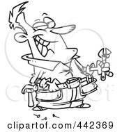 Poster, Art Print Of Cartoon Black And White Outline Design Of A Repair Man Holding A Wrench