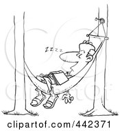 Royalty Free RF Clip Art Illustration Of A Cartoon Black And White Outline Design Of A Man Snoozing In A Hammock by toonaday
